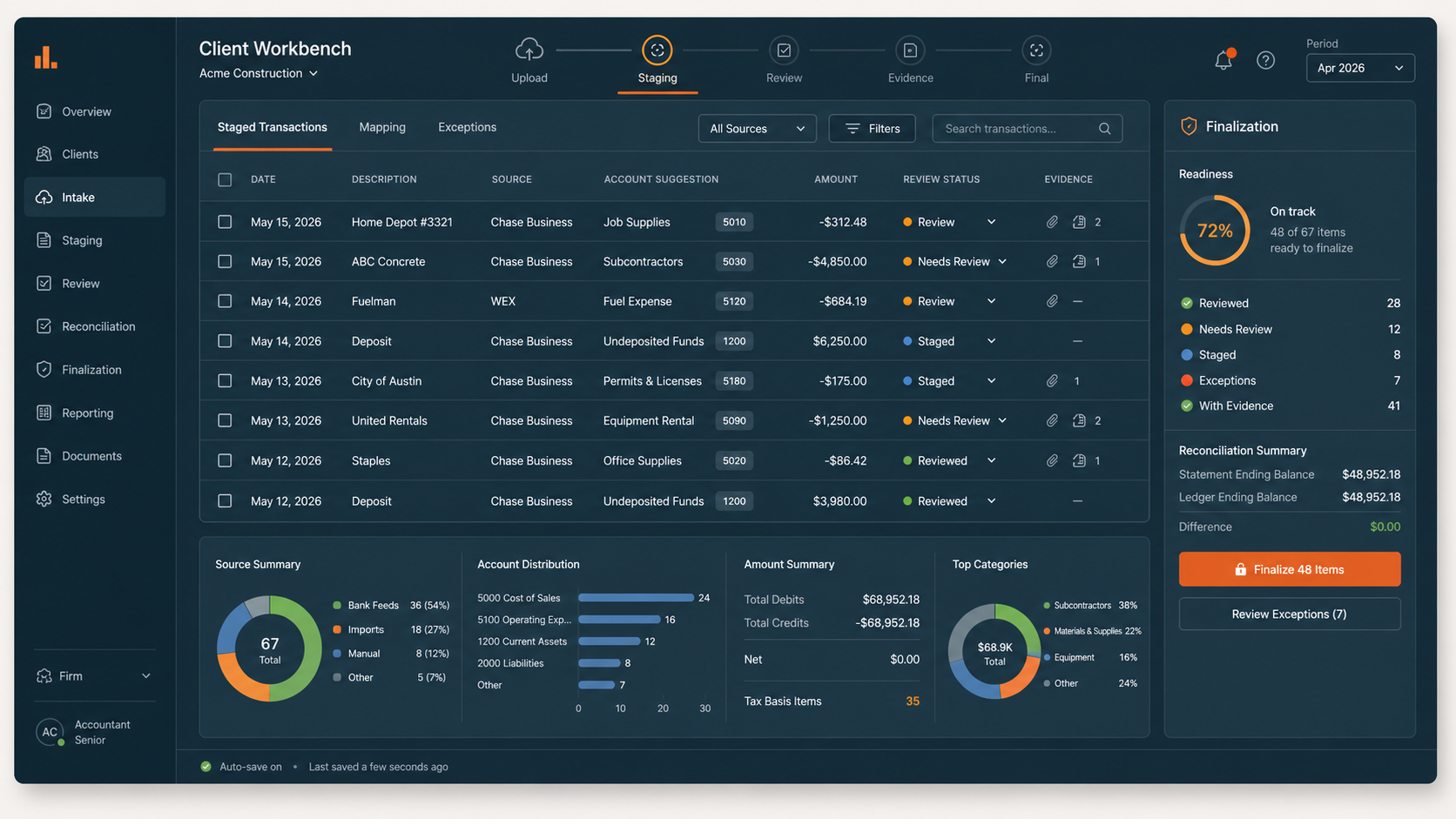 LedgerDock workflow preview showing staged transactions, review status, evidence indicators, and finalization controls